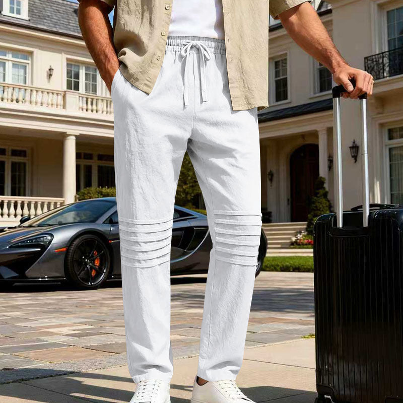 Herren Leinenoptik-Loungehose mit Tunnelzug elastischem Bund und abgesteppten Kniepanelen Drune