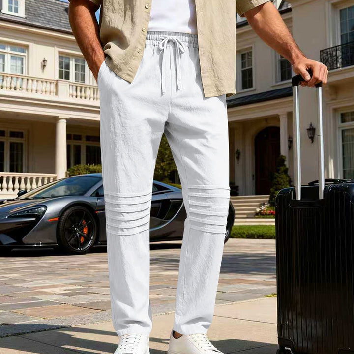 Herren Leinenoptik-Loungehose mit Tunnelzug elastischem Bund und abgesteppten Kniepanelen Drune