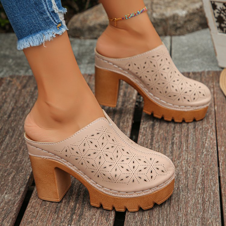 Damen Offene Clogs mit floralem Cut-Out Design und klobigem Absatz Drune