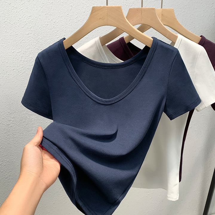 Damen V-Ausschnitt Basic T-Shirt aus weichem Stretchmaterial mit figurbetonter Passform Drune