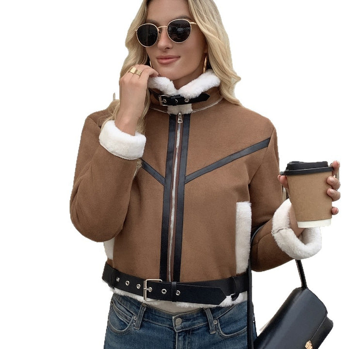 Damen Stylische Jacke mit Kunstfellbesatz und dekorativen Schnallen Drune