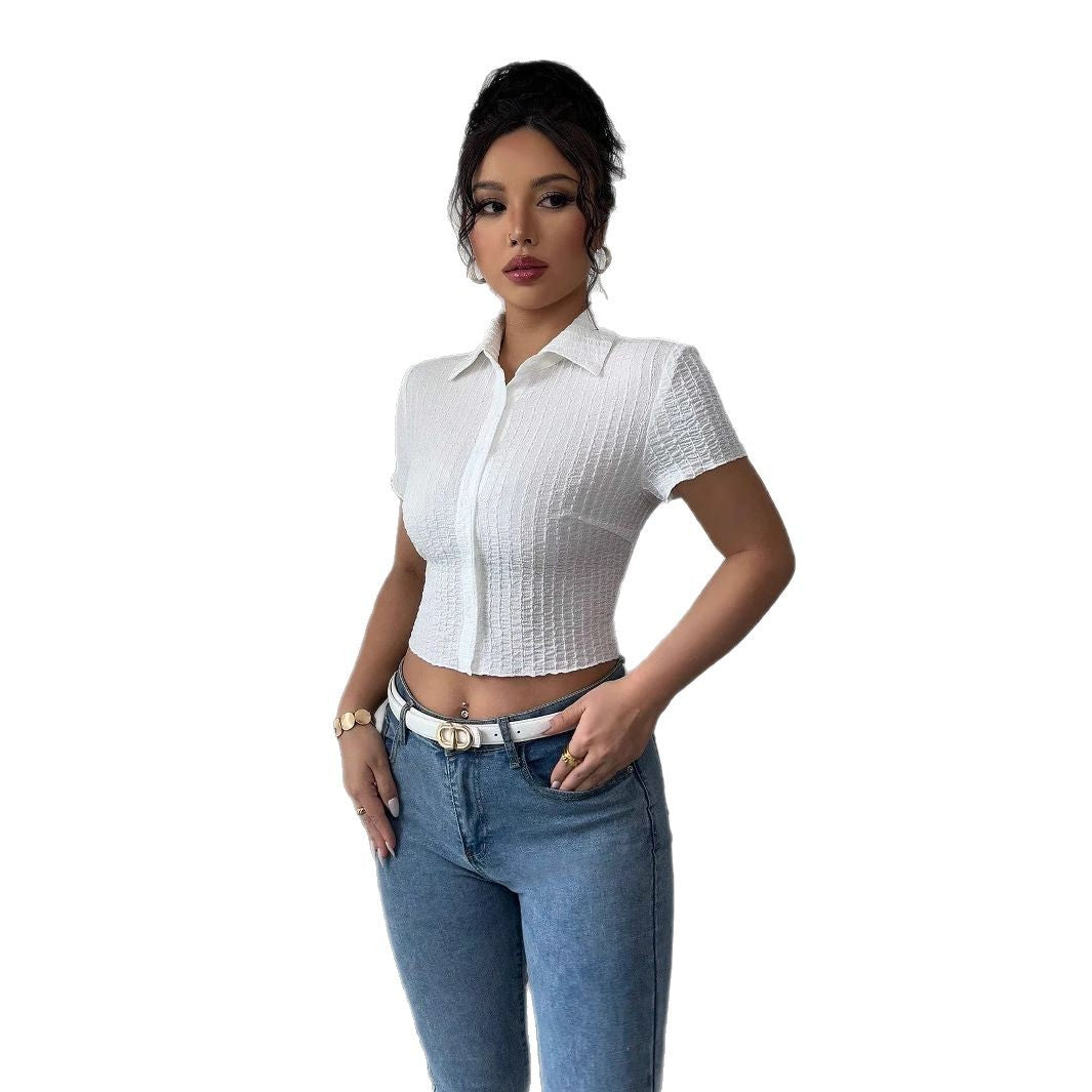 Damen nan taillierte bauchfreie Kurzbluse mit Kreppstruktur Hemdkragen und Knopfleiste Drune