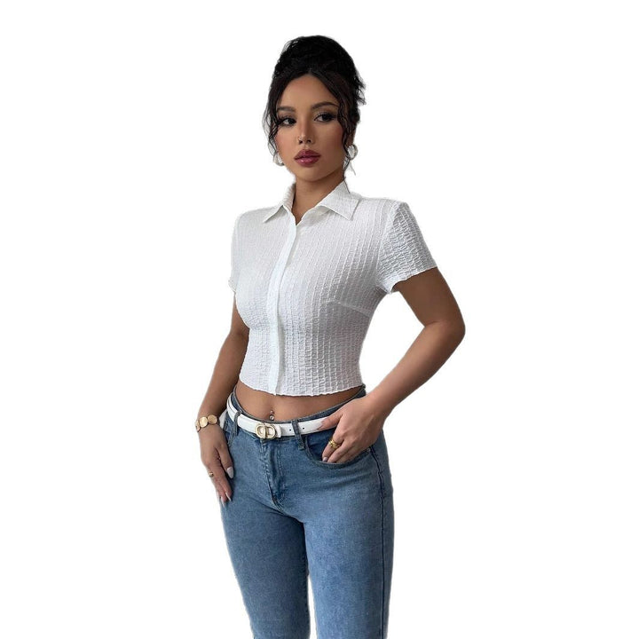 Damen nan taillierte bauchfreie Kurzbluse mit Kreppstruktur Hemdkragen und Knopfleiste Drune