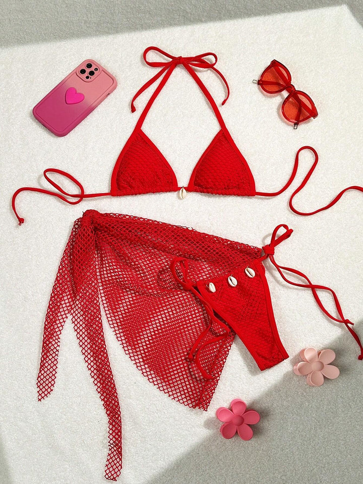 Damen Triangel-Bikini mit transparentem Netzgewebe und Schnürdetails Drune