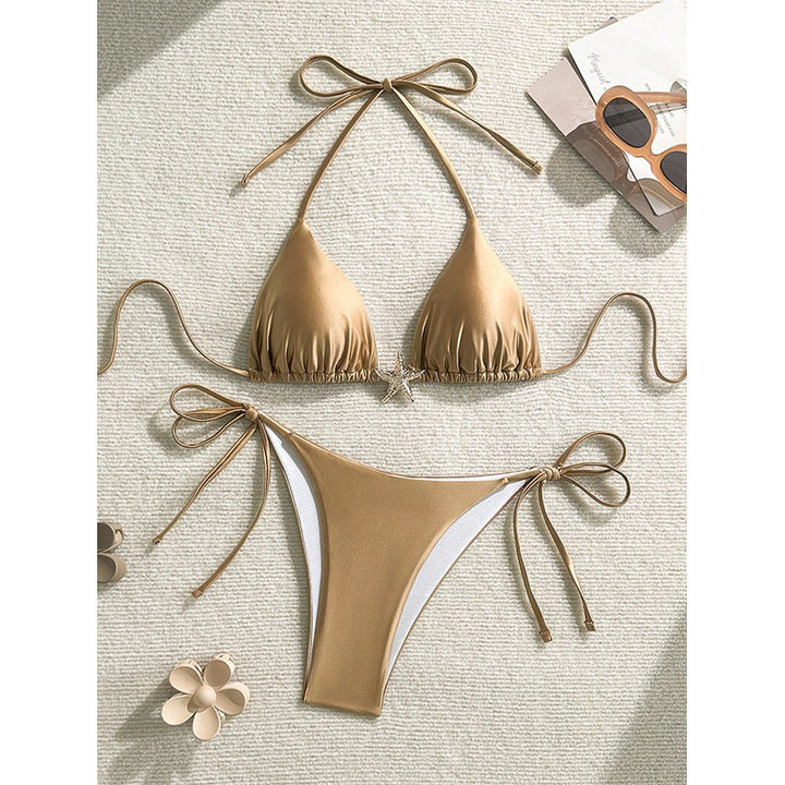 Damen Triangel-Bikini mit verstellbaren Bindebändern und dekorativem Schmuckdetail Drune