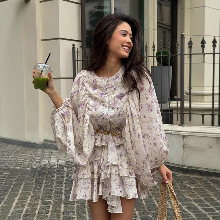 Damen Chiffon-Minikleid mit Volantstufen, Ballonärmeln und Ziergürtel Drune