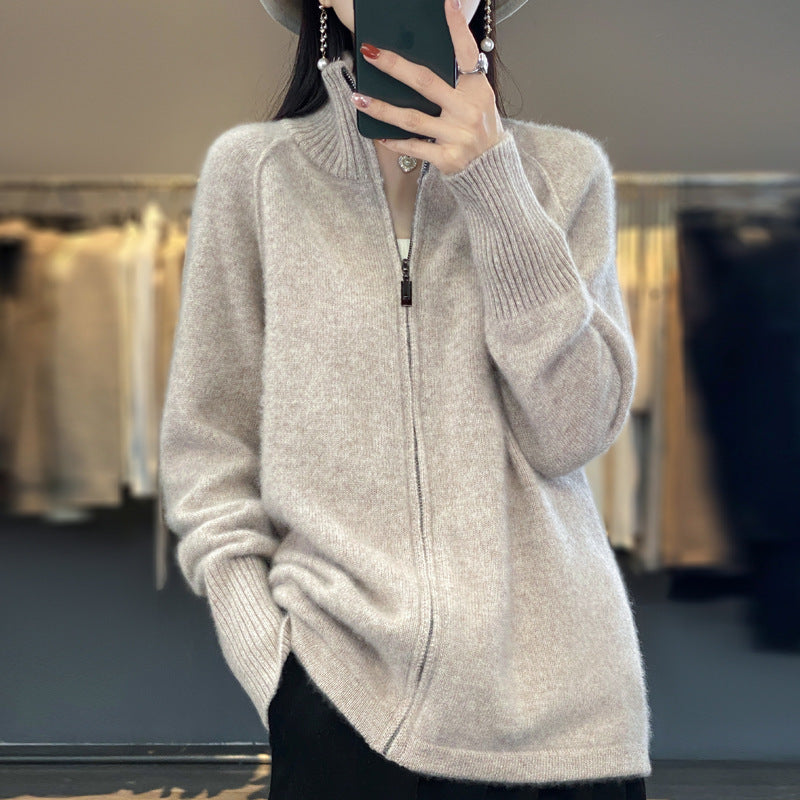 Damen Zip-Cardigan im Kaschmir‑Look mit Stehkragen und gerippten Bündchen Drune