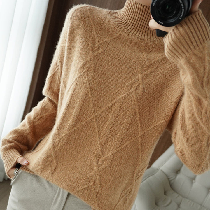 Damen Weicher Mohair‑Look Pullover mit hohem Rippkragen, Zopfmotiv und kastiger Oversize‑Passform Drune