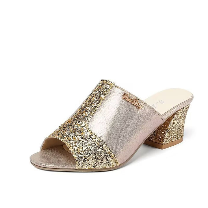 Damen nan elegante offene Pantolette mit feinem Netz, funkelnden Applikationen und mittelhohem Blockabsatz Drune