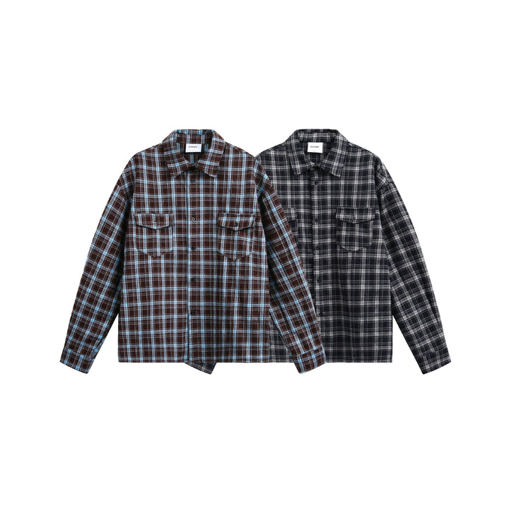 Herren Karierter Flanell-Overshirt-Jacke mit aufgesetzten Brusttaschen Drune