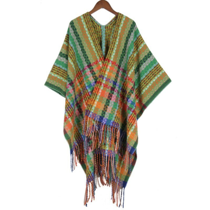 Damen Mehrfarbiger Web‑Poncho im Boho‑Patchwork‑Design mit Fransen Drune