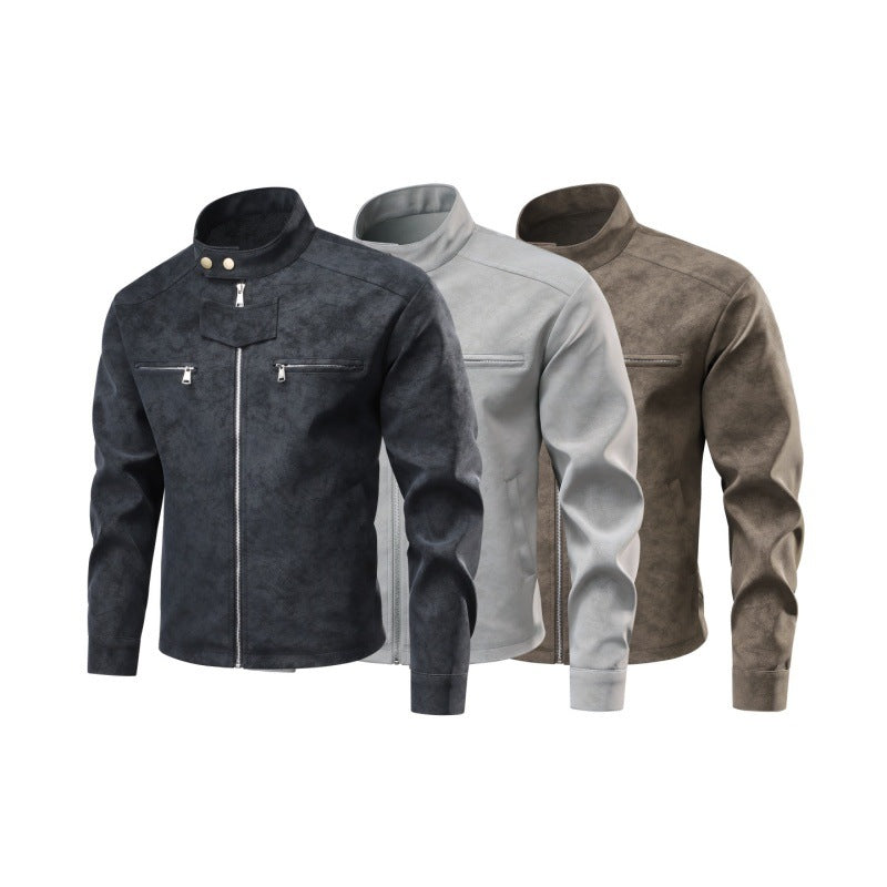 Herren Velourslederoptik-Bikerjacke mit Stehkragen, Brustreißverschlusstaschen & verdeckter Druckknopfblende Drune
