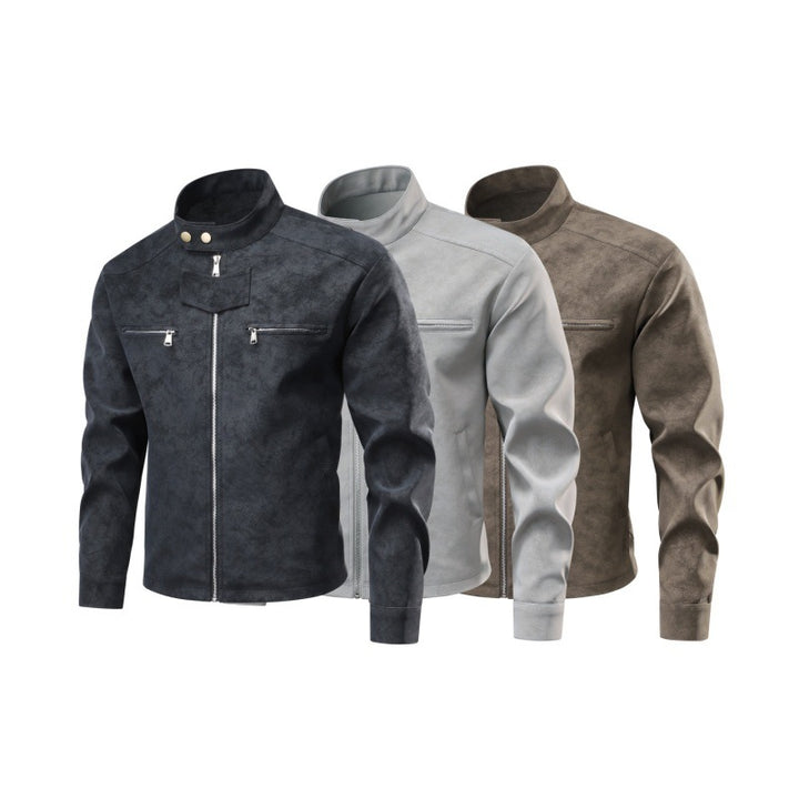 Herren Velourslederoptik-Bikerjacke mit Stehkragen, Brustreißverschlusstaschen & verdeckter Druckknopfblende Drune