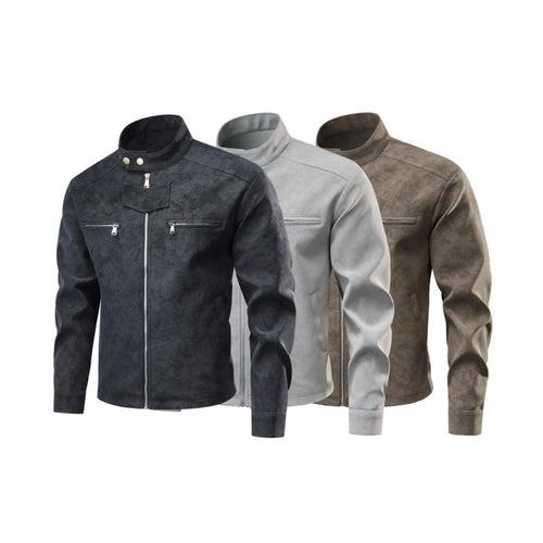 Herren Velourslederoptik-Bikerjacke mit Stehkragen, Brustreißverschlusstaschen & verdeckter Druckknopfblende Drune