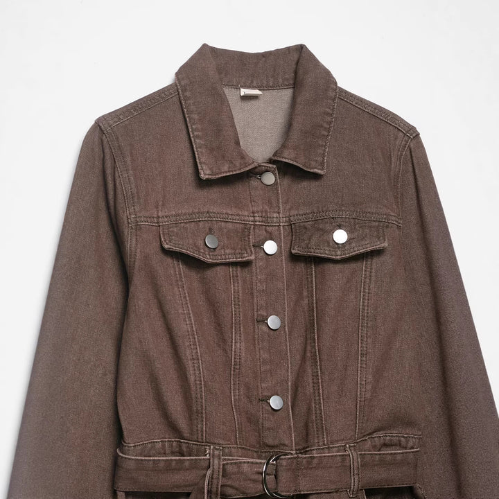 Damen Weicher Denim-Overall mit Hemdkragen, taillierendem Gürtel und weitem Bein Drune