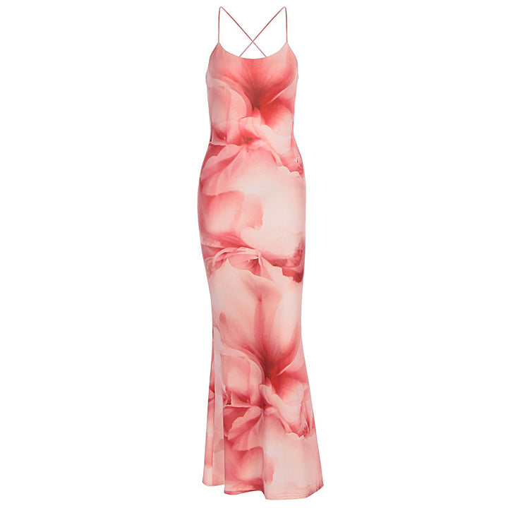 Damen langes Kleid mit floralem Design und Spaghettiträgern Drune