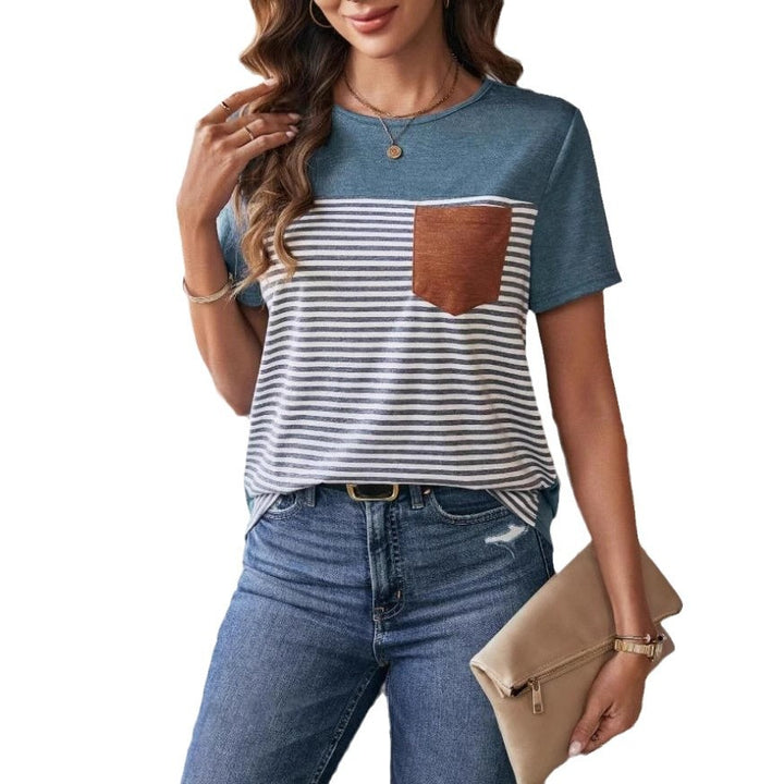 Damen Trendiges T-Shirt mit gestreiftem Design und Leder-Tasche Drune