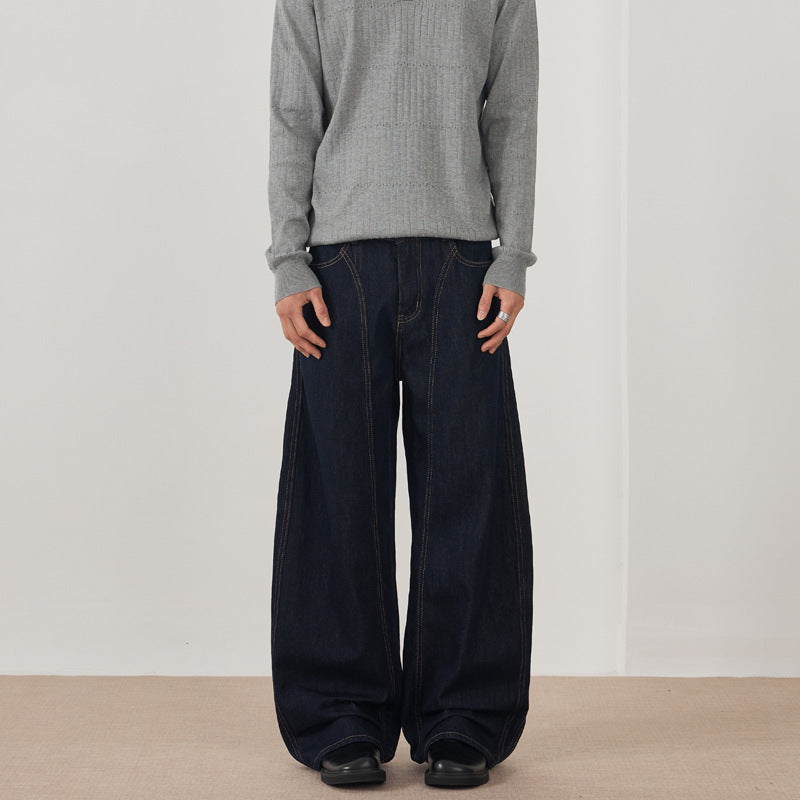 Herren Extraweite Denim-Palazzohose mit vertikalen Nahtpaneelen und bodenlanger Silhouette Drune