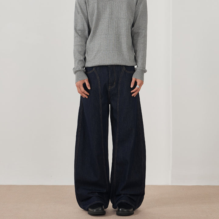 Herren Extraweite Denim-Palazzohose mit vertikalen Nahtpaneelen und bodenlanger Silhouette Drune