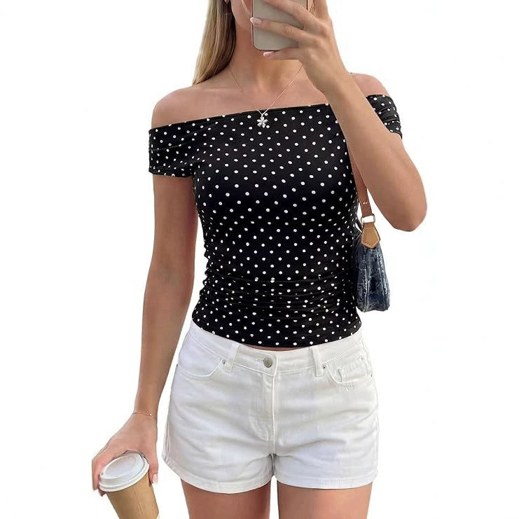 Damen Schulterfreies tailliertes Polka‑Dot Top mit geraffter Seitennaht Drune