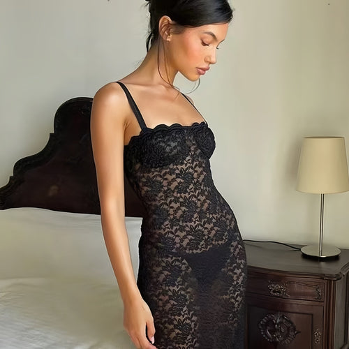 Damen Spitzen-Maxikleid mit verführerischem Schnitt und feinen Trägern Drune