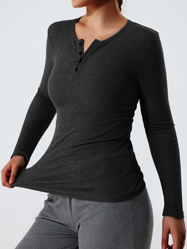 Damen Geripptes Henley-Langarmshirt mit Knopfleiste und figurnahem Schnitt Drune
