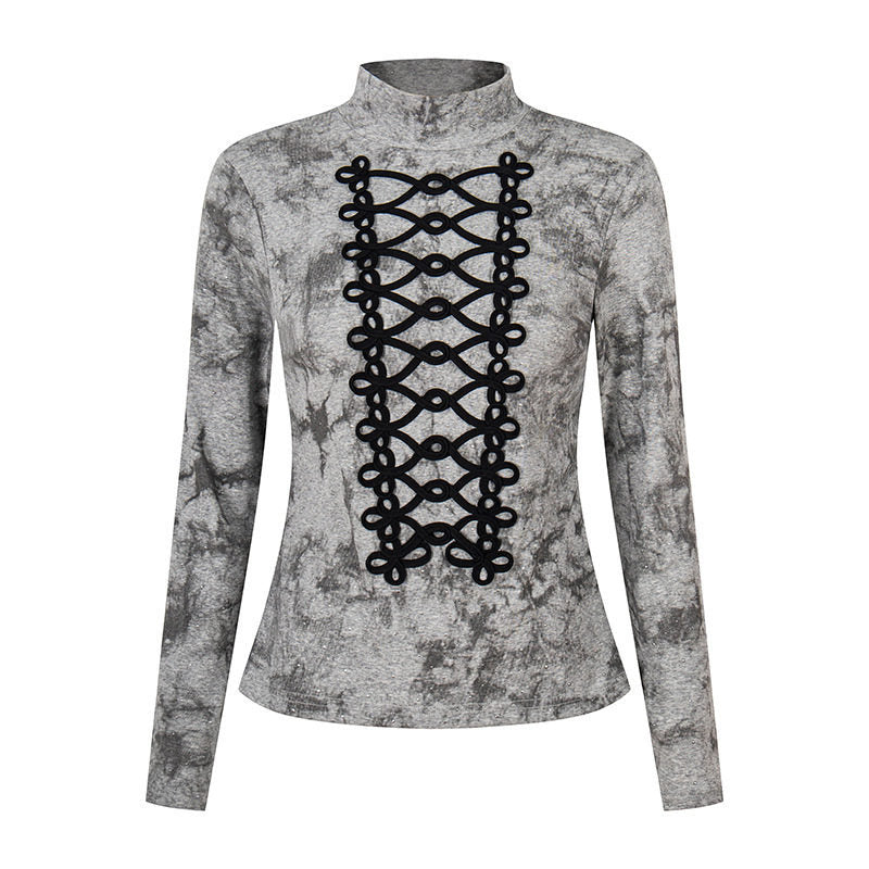 Damen Langarm-Shirt mit Stehkragen und dekorativer Kordel‑Applikation Drune