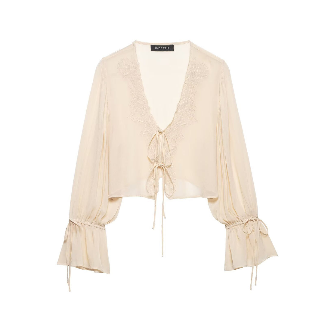 Damen Transparente Chiffon-Bolerobluse mit tiefem V-Ausschnitt, Spitzendetail und Bindebändern Drune