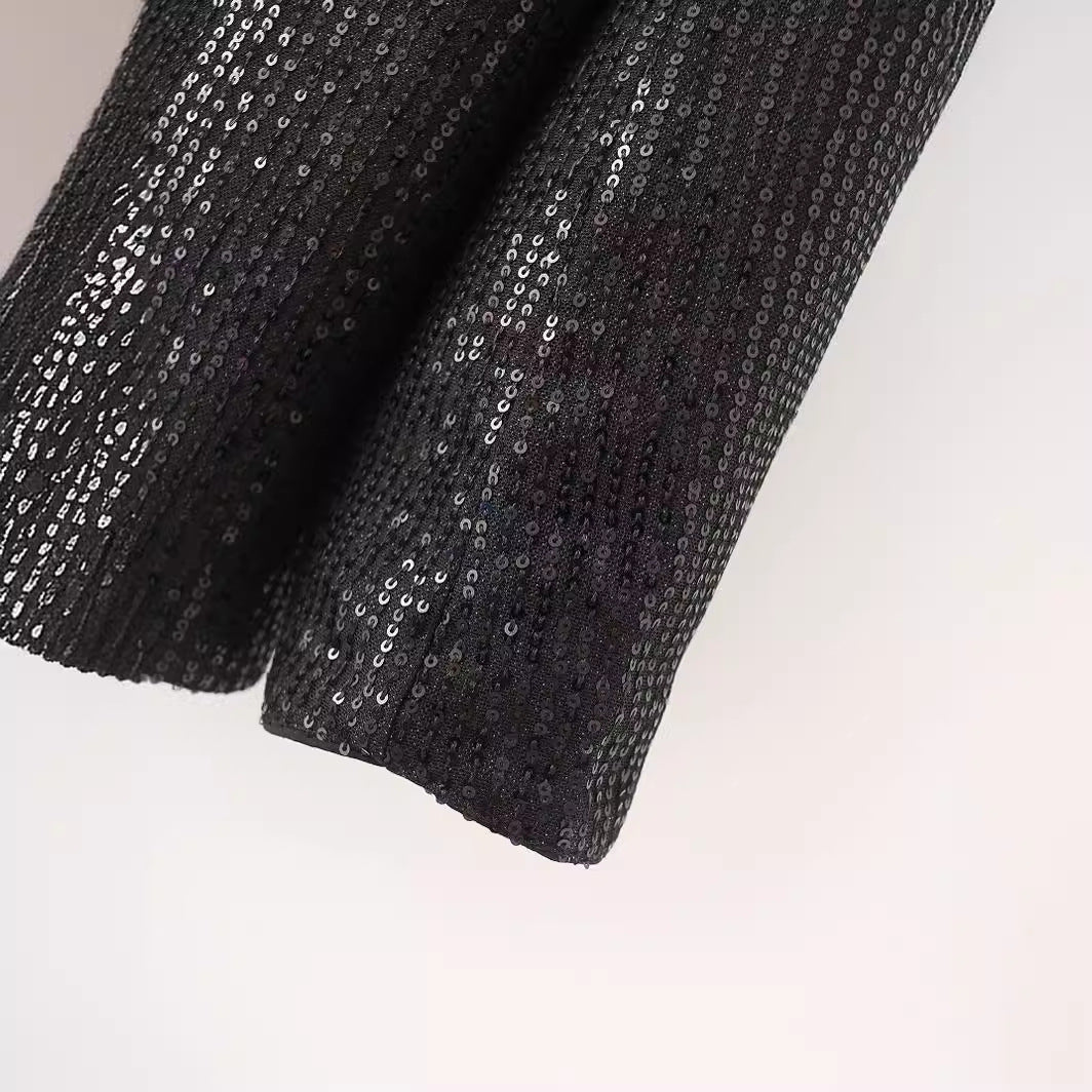 Damen nan taillierter Pailletten-Blazer mit Satin-Schalkragen und Pattentaschen Drune