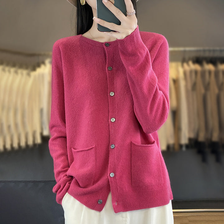 Damen Langer Feinstrick-Cardigan mit Rundhalsausschnitt, Eingrifftaschen und Alpaka-Mix Drune