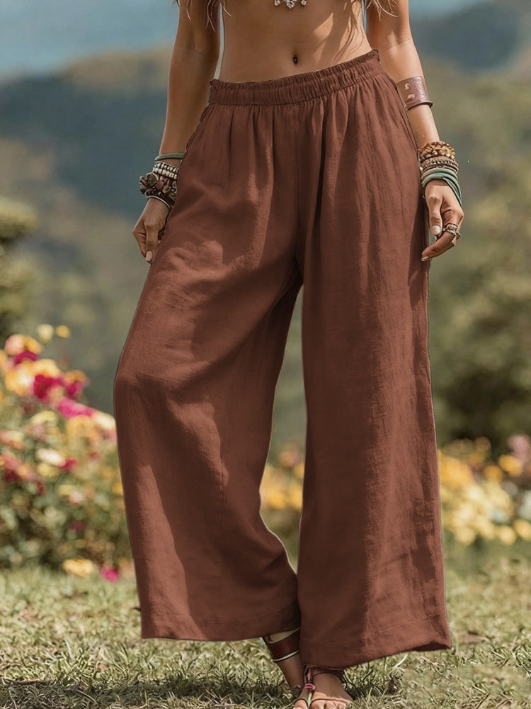 Damen Weite Leinenoptik Palazzo‑Hose mit elastischem Bund und Taschen Drune