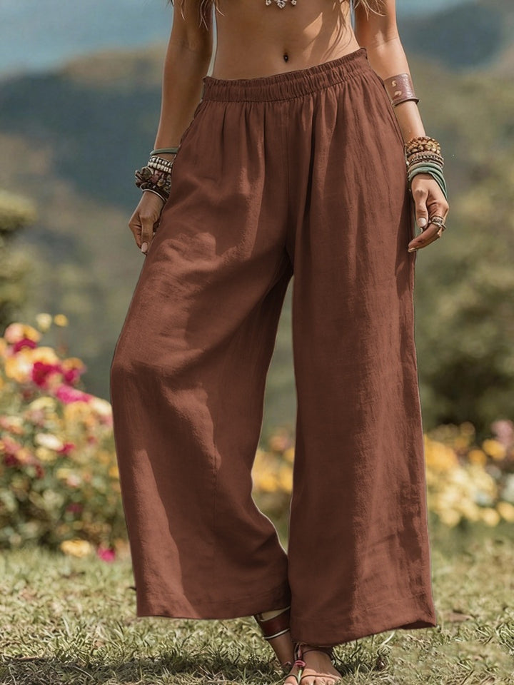 Damen Weite Leinenoptik Palazzo‑Hose mit elastischem Bund und Taschen Drune