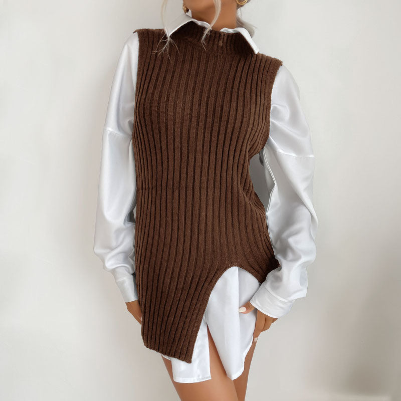 Damen Gerippte Strick‑Tunika mit Stehkragen, seitlichen Schlitzen und figurbetonter Silhouette Drune