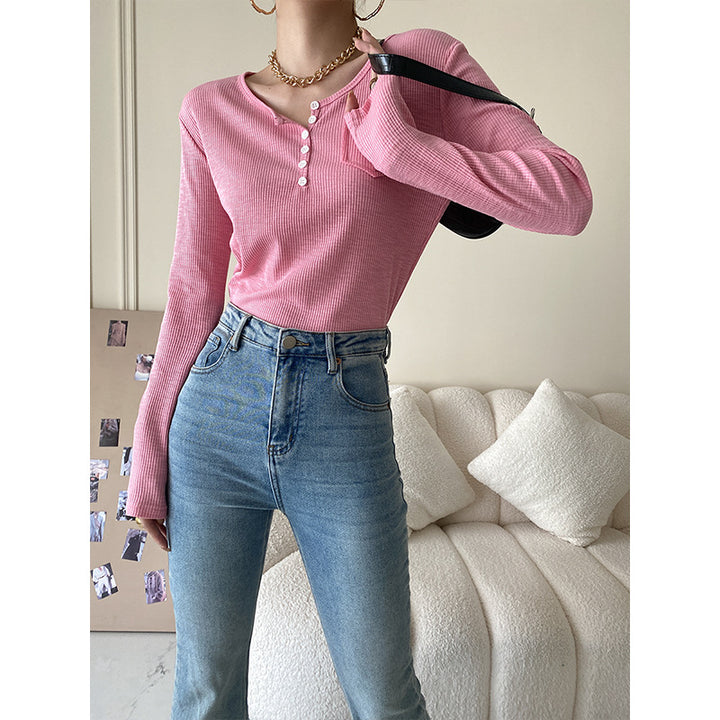 Damen Langarm-Henley-Shirt mit Knopfdetails und feiner Rippstruktur Drune