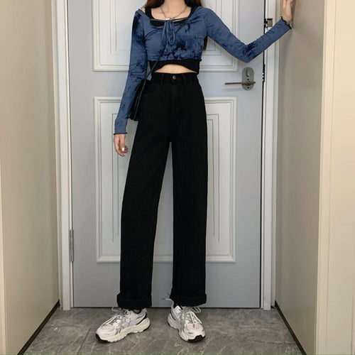 Damen Weit geschnittene Denim-Hose mit hohem Bund Drune