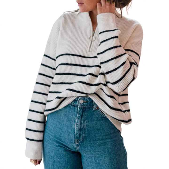 Damen lässiger Pullover mit kurzem Reißverschluss und Streifenmuster Drune