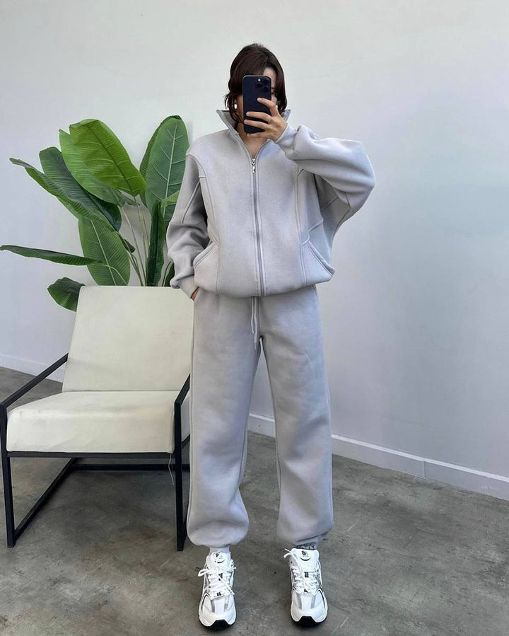 Damen Oversize Fleece-Set mit Reißverschlussjacke und weiten Jogginghosen Drune