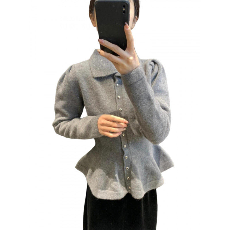 Damen Peplum-Oberteil aus weichem Strick mit eleganten Knöpfen Drune