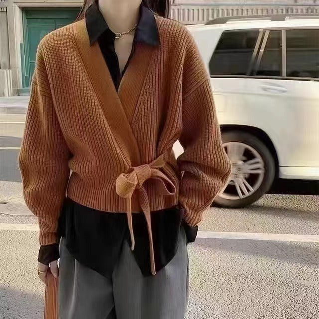 Damen Wickeljacke mit breiten Ärmeln und Taillenknoten Drune