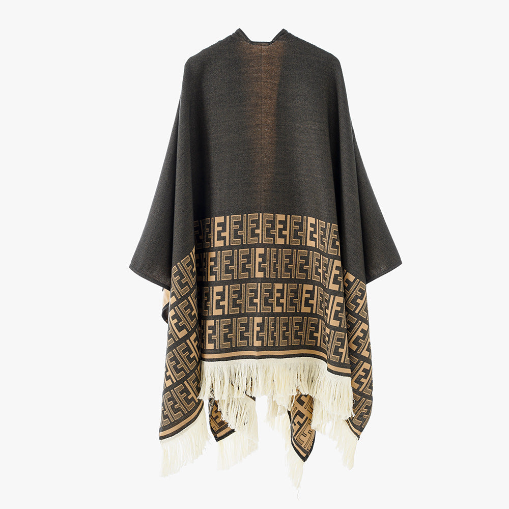Damen Reversibler Capeponcho mit Monogramm‑Bordüre und Fransensaum Drune