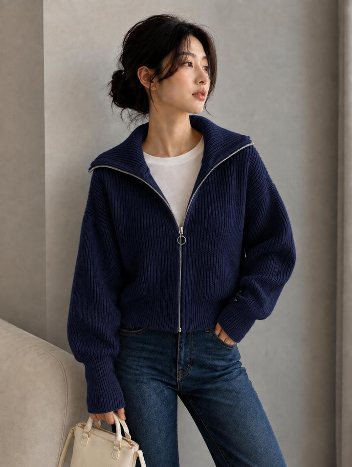 Damen Oversize Strickjacke mit Reißverschluss und hohem Kragen Drune