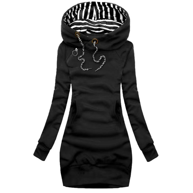 Damen Hoodie-Midi-Kleid mit weitem Funnel-Neck, gestreifter Innenseite und Kängurutaschen Drune