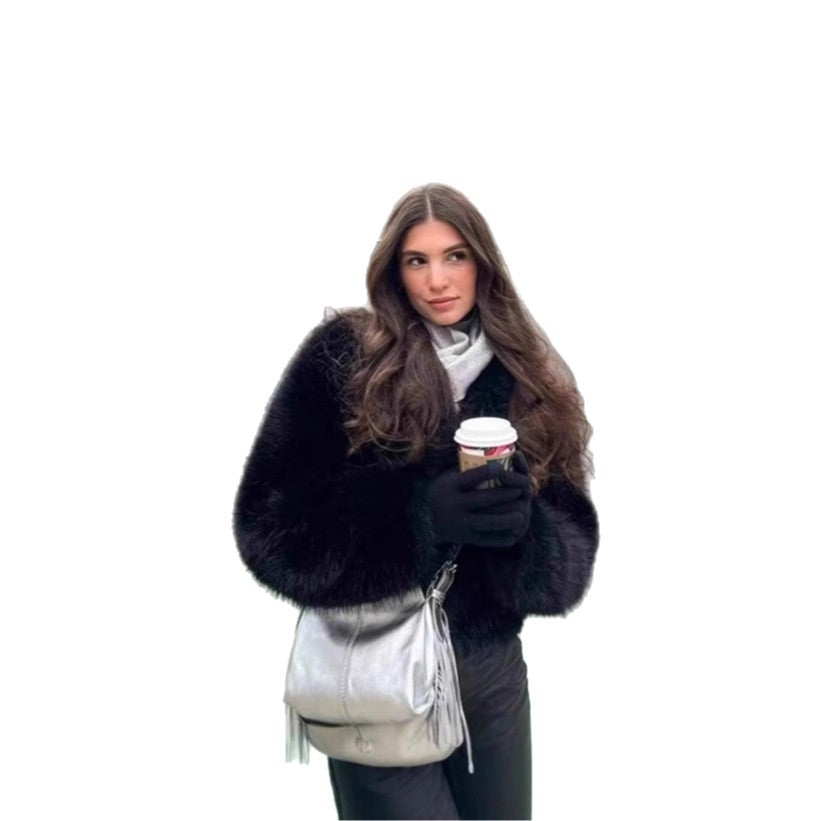 Damen Kurzer Boxy Kunstpelz‑Blouson mit voluminösem Schalkragen Drune