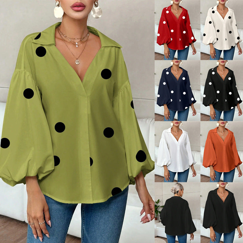 Damen Oversize-Bluse mit voluminösen Puffärmeln und Punktmuster Drune