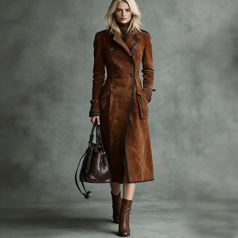 Damen Langer Taillierter Trenchcoat aus Veloursleder‑Optik mit doppelreihiger Knopfleiste und Schnallenmanschetten Drune