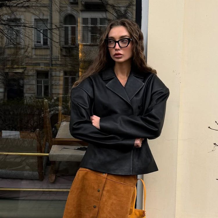 Damen Modischer Blazer-Bomber aus veganem Lederimitat mit doppeltreihiger Front Drune