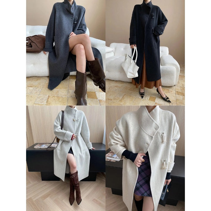 Damen eleganter Wollmantel mit hohem Kragen und dekorativen Knopfdetails Drune