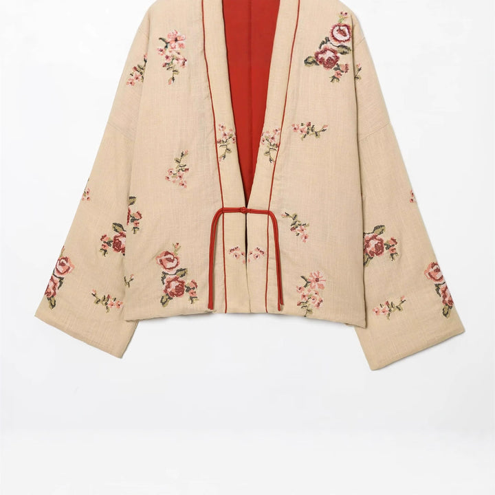 Damen nan bestickte Kimono-Jacke mit floraler Stickerei, Kontrastfutter und Bindegürtel Drune