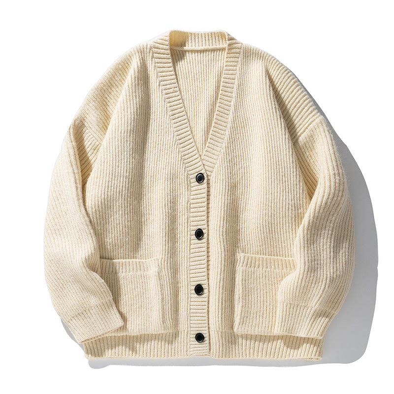 Unisex Grobgestrickter Relaxed-Cardigan mit tiefem V‑Ausschnitt, Kastenform und aufgesetzten Taschen Drune