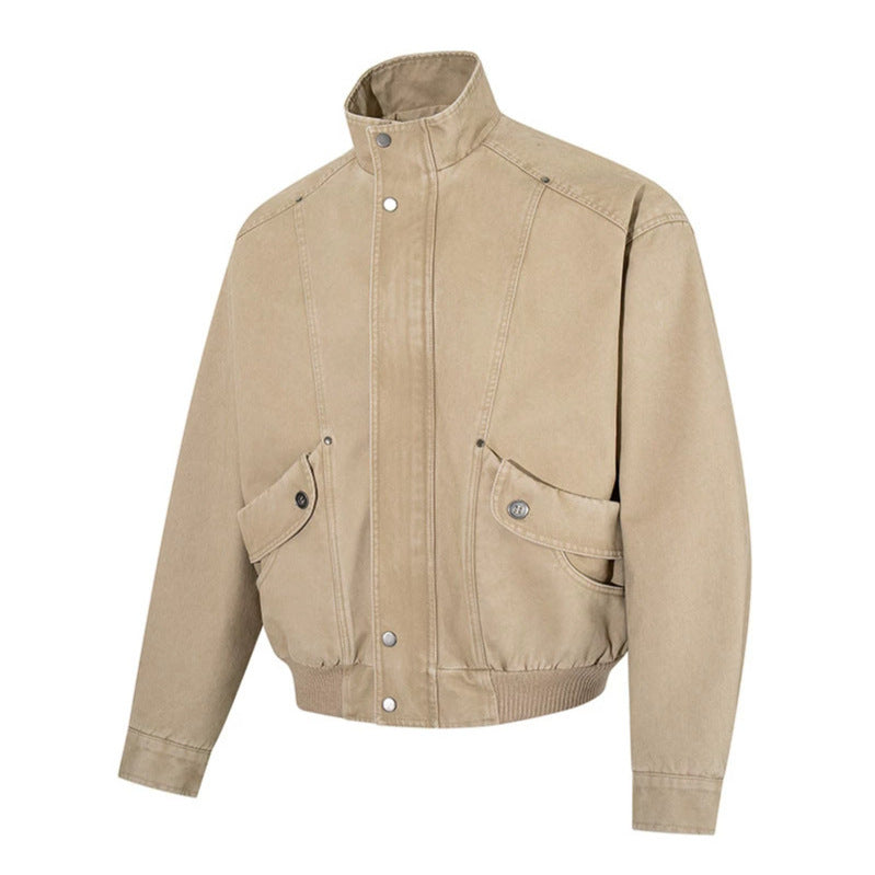 Herren Kurz geschnittene Utility-Bomberjacke aus Baumwoll-Canvas mit Stehkragen, verdeckter Druckknopfleiste und geripptem Saum Drune